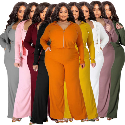 Plus Size Casual 3 Pieces Long Sleeve Zip Hooded Crop