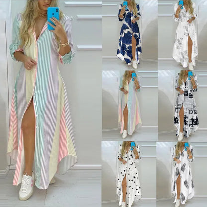 Boho Maxi Printed Long Sleeve Shirts Dress