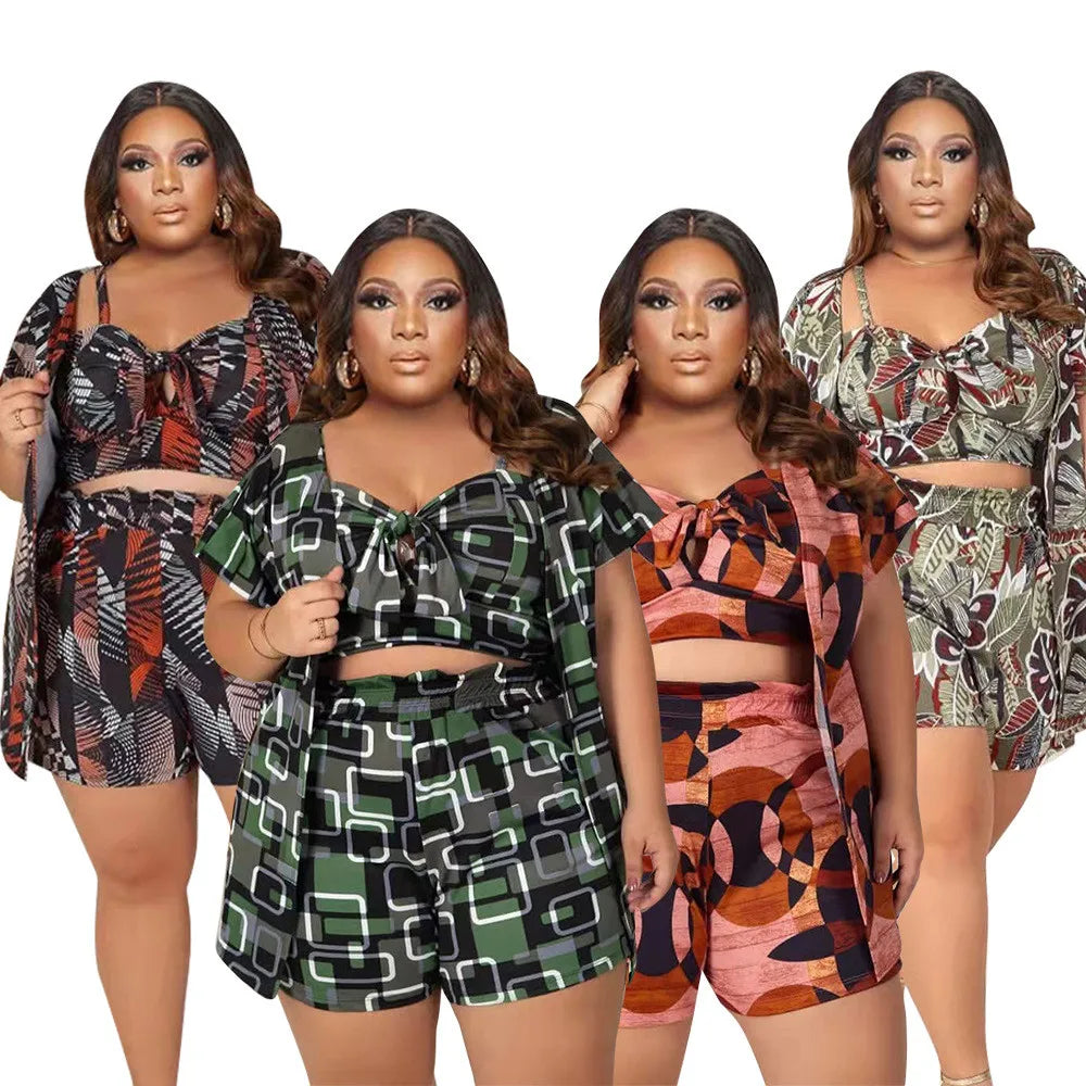 Plus Size Print Short 3 Piece Set