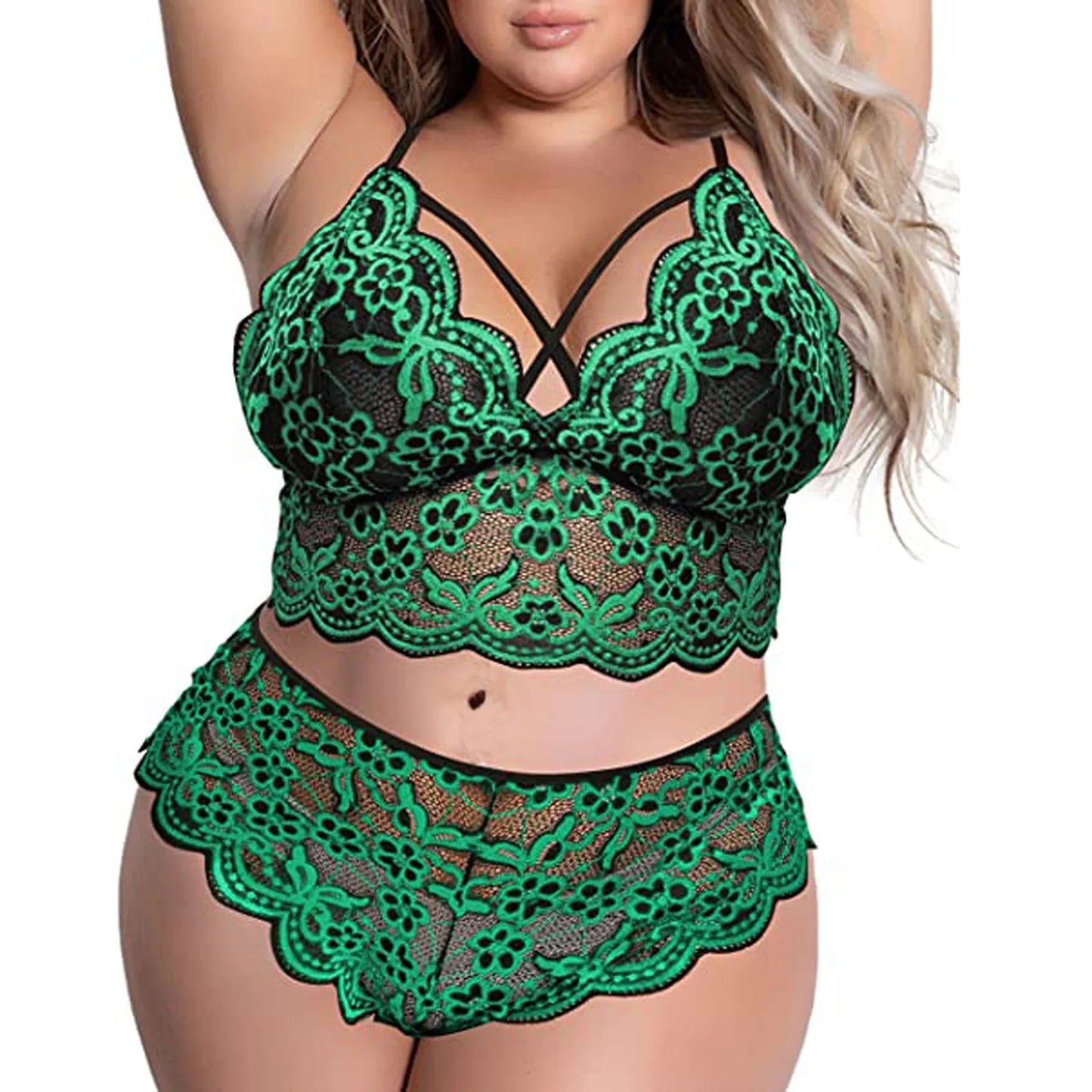 Plus Size Sexy Lingerie Set V Neck High Waist Floral Lace Hollow Out 2 Piece