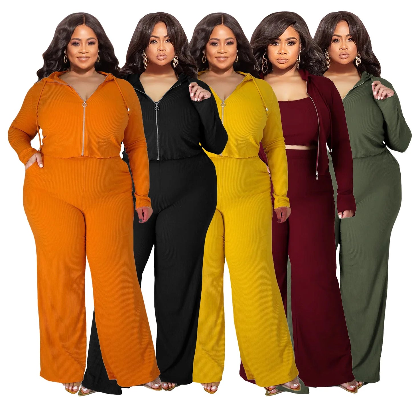 Plus Size Casual 3 Pieces Long Sleeve Zip Hooded Crop