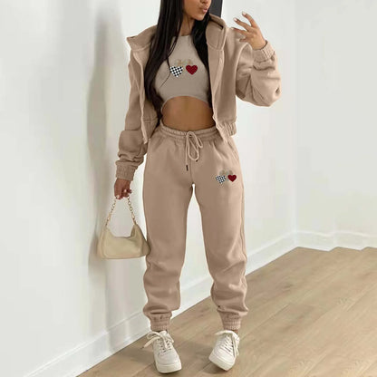 Women's Velvet Sweatshirt Print Hooded Athleisure (3-Piece Set)