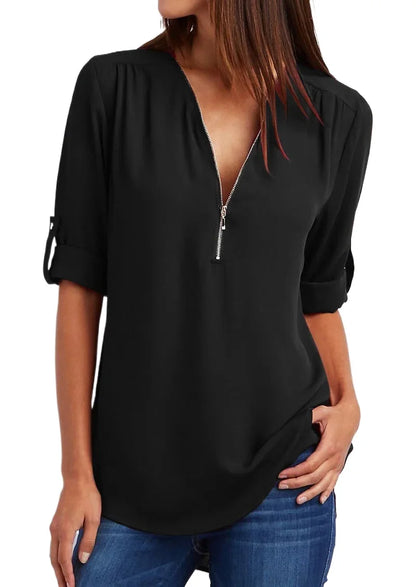 Plus Size Loose Shirt Deep V Neck Chiffon Casual Blouse