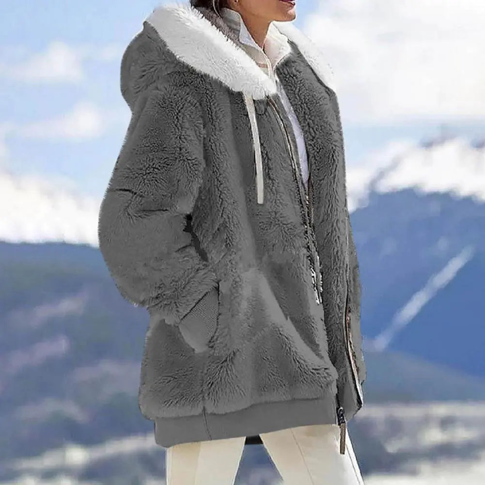 Plush Zipper Coat for Women - Plus Size, Warm and Furry with Long Sleeves